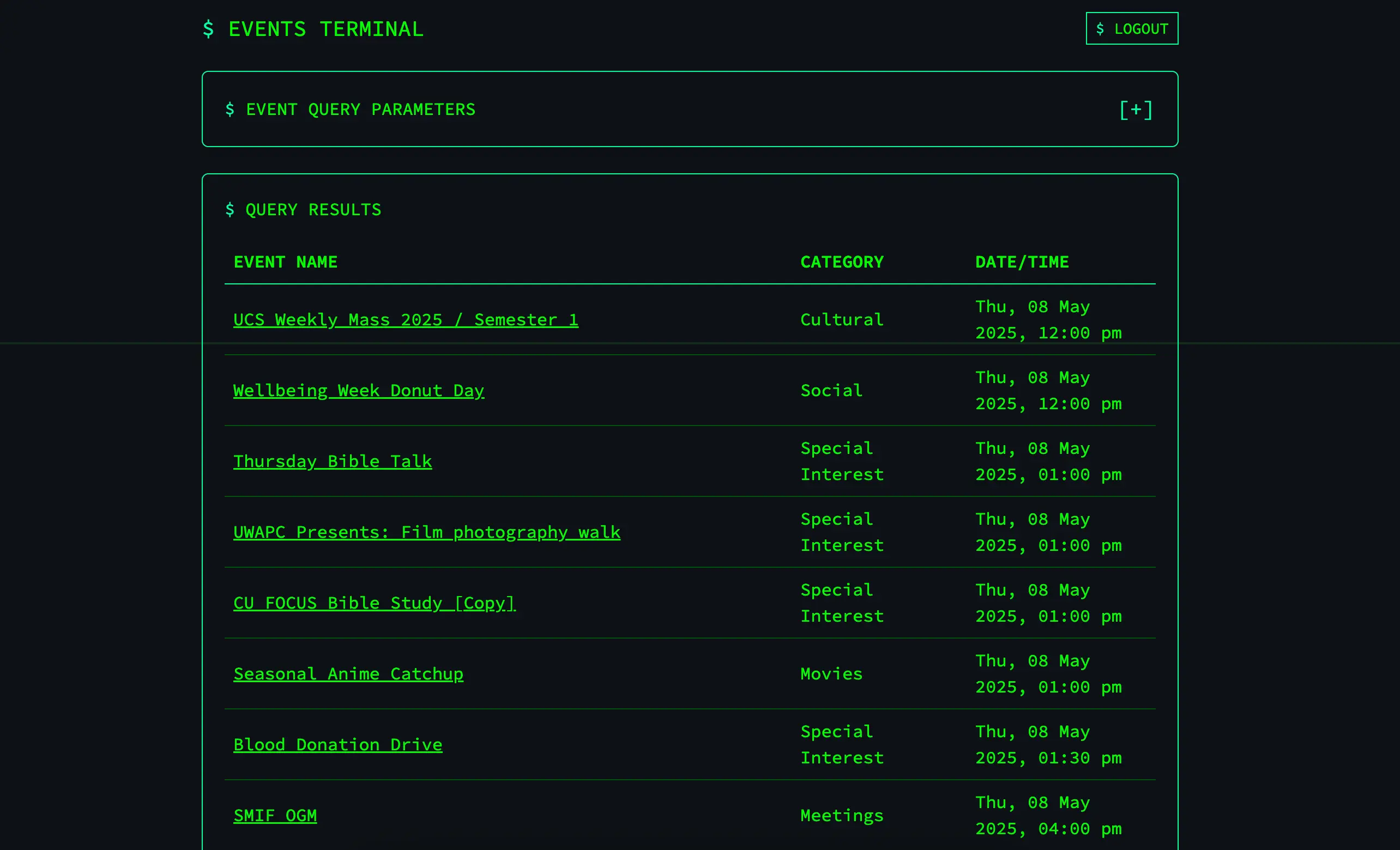 Events terminal website